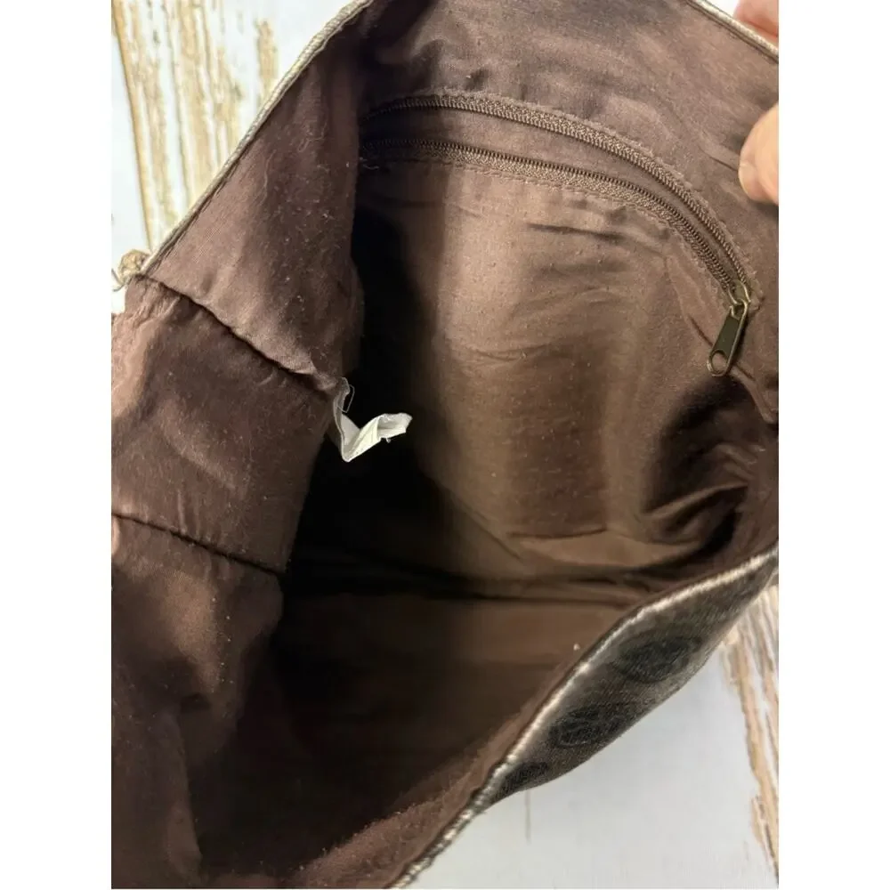 Brown Canvas Crossbody Bag with Yellow Peace Sign. Good used condition!
